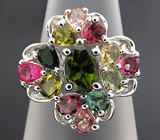 Симпатичное кольцо с разноцветными турмалинами Серебро 925