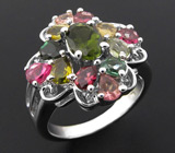 Симпатичное кольцо с разноцветными турмалинами Серебро 925