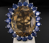 Крупное кольцо с дымчатым топазом и синими сапфирами Серебро 925