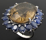 Крупное кольцо с дымчатым топазом и синими сапфирами Серебро 925