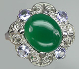 Прелестное кольцо с зеленым агатом и танзанитами Серебро 925