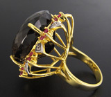 Кольцо с крупным дымчатым топазом, пурпурными и бесцветными сапфирами Серебро 925