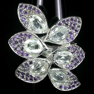 Оригинальное кольцо с цирконами и аметистами