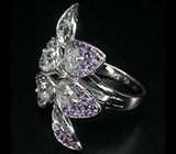 Оригинальное кольцо с цирконами и аметистами Серебро 925