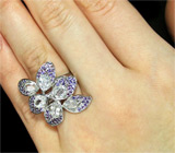 Оригинальное кольцо с цирконами и аметистами Серебро 925