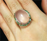 Крупное кольцо с розовым кварцем и изумрудами Серебро 925
