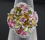 Замечательное кольцо с разноцветными турмалинами Серебро 925