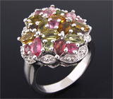 Замечательное кольцо с разноцветными турмалинами Серебро 925
