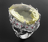 Массивное кольцо с крупным цитрином, гранатами и сапфирами Серебро 925