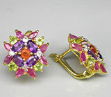 Серьги с оранжевыми и пурпурными сапфирами, аметистами, перидотами и бесцветными цирконами Серебро 925