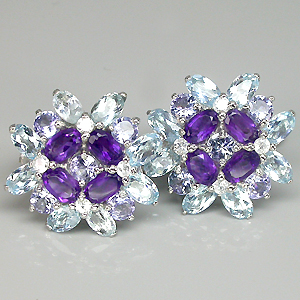 Серьги с танзанитами, аметистами, бесцветными цирконами и топазами