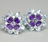 Серьги с танзанитами, аметистами, бесцветными цирконами и топазами Серебро 925