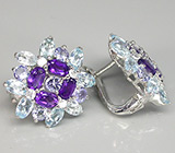 Серьги с танзанитами, аметистами, бесцветными цирконами и топазами Серебро 925