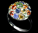 Праздничное кольцо с разноцветными сапфирами Серебро 925