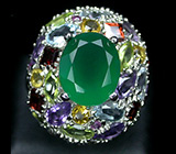 Праздничное кольцо с зеленым агатом и самоцветами Серебро 925