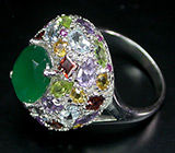Праздничное кольцо с зеленым агатом и самоцветами Серебро 925