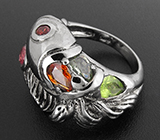 Кольцо "Кит" с разноцветными сапфирами и перидотом Серебро 925