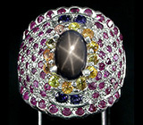 Кольцо со звездчатым, пурпурными, цветными сапфирами и иолитами Серебро 925