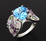 Праздничное кольцо с топазом, аметистами, цаворитами, танзанитами и цирконами Серебро 925
