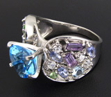 Праздничное кольцо с топазом, аметистами, цаворитами, танзанитами и цирконами Серебро 925