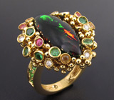 Кольцо с черным опалом, бриллиантами, цаворитами гранатами и разноцветными  сапфирами