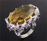 Массивное кольцо с крупным золотистым цитрином, пурпурными и синими сапфирами Серебро 925