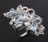 Изысканное кольцо с голубыми топазами и сапфирами Серебро 925