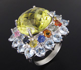 Яркое кольцо с цитрином, топазами и разноцветными сапфирами Серебро 925