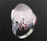 Кольцо с высоким кабошоном розового кварца и сапфирами Серебро 925