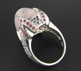 Кольцо с высоким кабошоном розового кварца и сапфирами Серебро 925