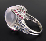 Кольцо с высоким кабошоном розового кварца и сапфирами Серебро 925