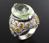 Крупное кольцо с зеленым аметистом и разноцветными сапфирами Серебро 925