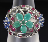 Ажурное кольцо с изумрудами и сапфирами Серебро 925