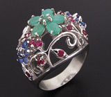 Ажурное кольцо с изумрудами и сапфирами Серебро 925