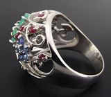 Ажурное кольцо с изумрудами и сапфирами Серебро 925