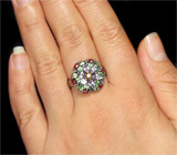 Прелестное кольцо с коньячным бриллиантом, танзанитами, цаворитами и сапфирами Серебро 925