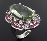 Кольцо с зеленым аметистом, гранатами, танзанитами, цирконами и сапфирами Серебро 925
