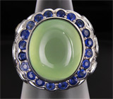 Массивное кольцо с яблочным пренитом и сапфирами Серебро 925