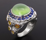 Массивное кольцо с яблочным пренитом и сапфирами Серебро 925