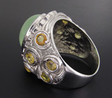 Массивное кольцо с яблочным пренитом и сапфирами Серебро 925