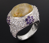 Эффектное кольцо с рутиловым кварцем и аметистами Серебро 925