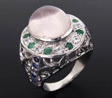 Кольцо с розовым кварцем, изумрудами, сапфирами и цирконами Серебро 925