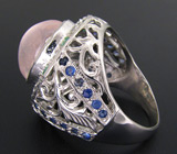 Кольцо с розовым кварцем, изумрудами, сапфирами и цирконами Серебро 925