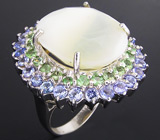 Кольцо с молочным опалом, цаворитами и танзанитами Серебро 925