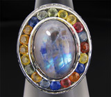 Праздничное кольцо с лунным камнем и разноцветными сапфирами Серебро 925