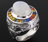 Праздничное кольцо с лунным камнем и разноцветными сапфирами Серебро 925