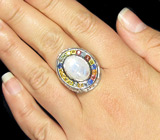 Праздничное кольцо с лунным камнем и разноцветными сапфирами Серебро 925