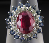 Кольцо с рубином, зелеными и синими сапфирами Серебро 925