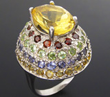 Высокое кольцо с цитринами, гранатами, перидотами и иолитами Серебро 925