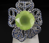 Замечательное кольцо-цветок с пренитом и сапфирами Серебро 925
